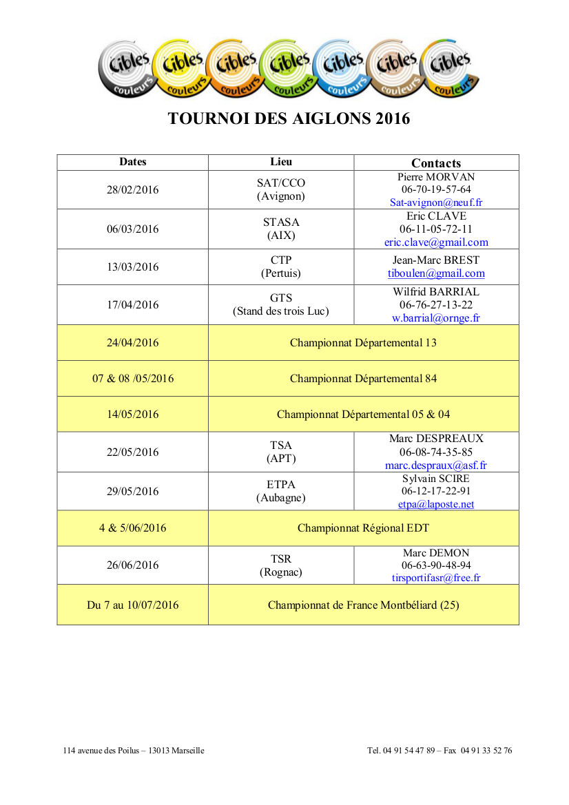 Calendrier Aiglons 2016
